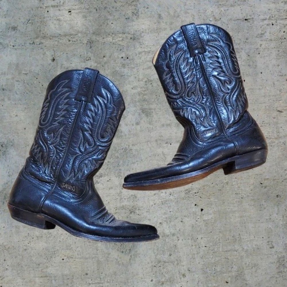 Vintage SANCHO Black Leather Cowboy Boots Made in Spain Size 41